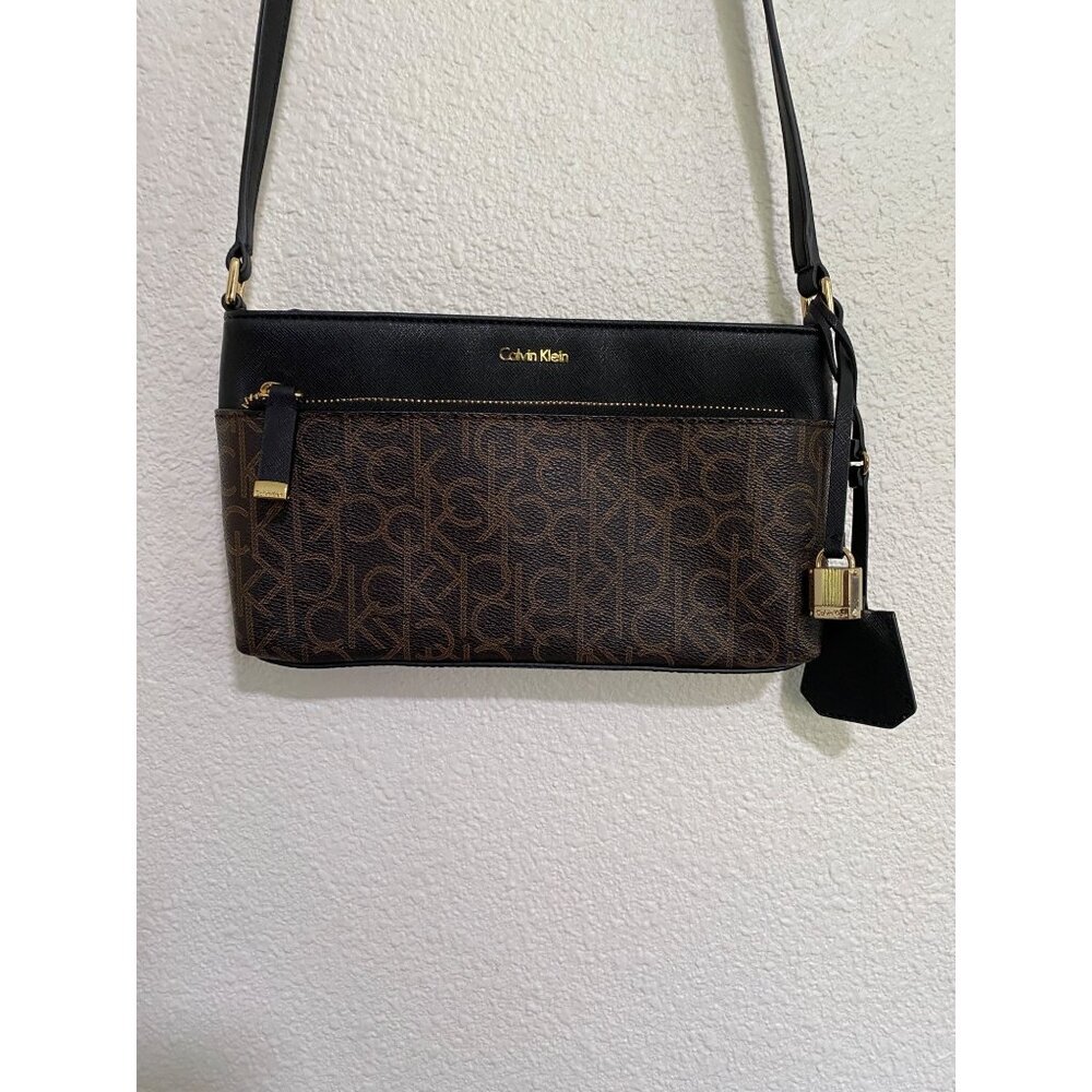 Calvin Klein Monogram Crossbody Bag Purse Medium Leather Classic